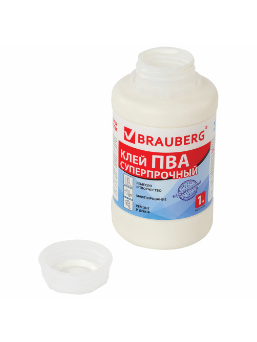 Клей ПВА BRAUBERG, 1 кг, суперпрочный (керамика, ткань, кожа, дерево, бумага, картон), 600984
