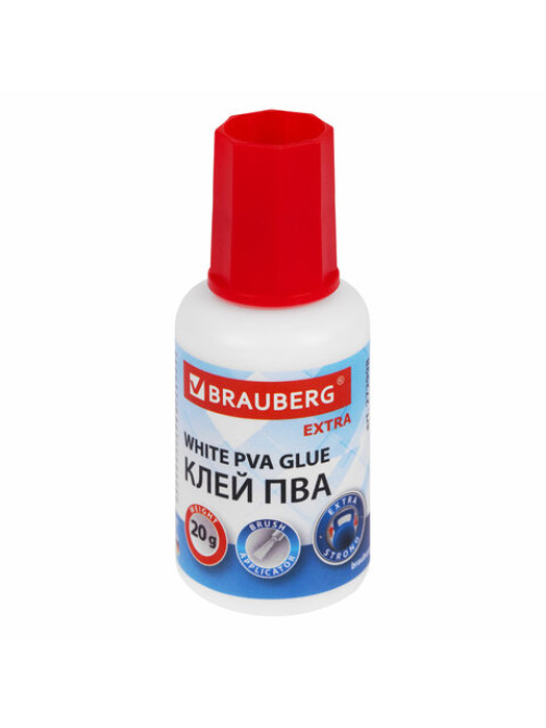 Клей ПВА УСИЛЕННЫЙ 20 г с кисточкой (бумага, фотографии, картон, дерево), BRAUBERG Extra, 272998