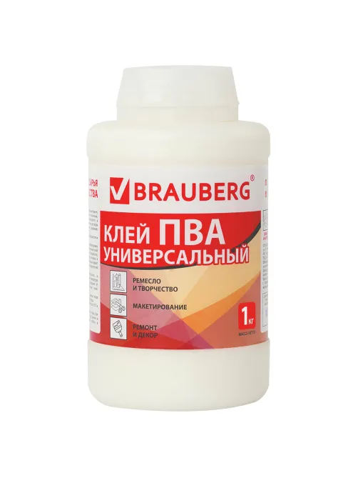 Клей ПВА BRAUBERG, 1 кг, универсальный (бумага, картон, дерево), 600983