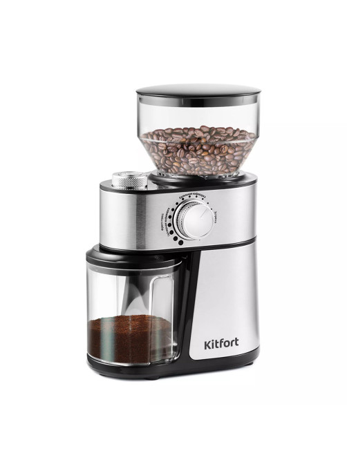 Кофемолка KITFORT КТ-717, мощность 200 Вт, вместимость 100 г, 14 степеней помола, стальная
