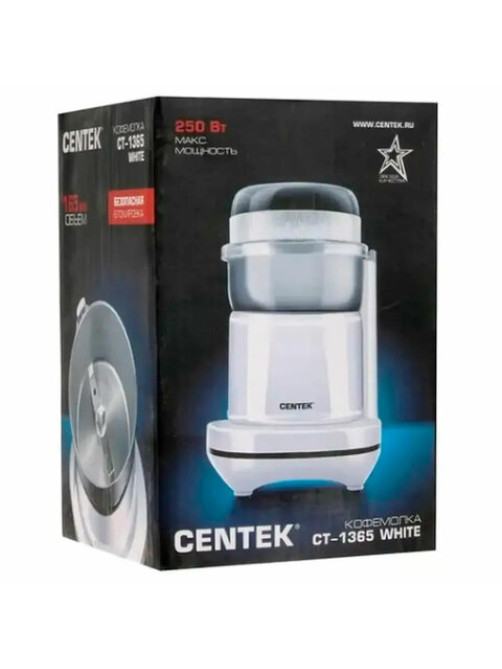 Кофемолка CENTEK CT-1365, мощность 250 Вт, вместимость 70 г, пластик, белая, CT-1365 White