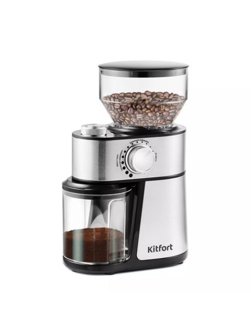 Кофемолка KITFORT КТ-717, мощность 200 Вт, вместимость 100 г, 14 степеней помола, стальная