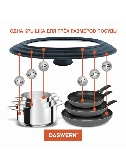 Крышка для любой сковороды и кастрюли универсальная 3 размера (24-26-28 см) антрацит, DASWERK (ДАСВЕРК), 607589