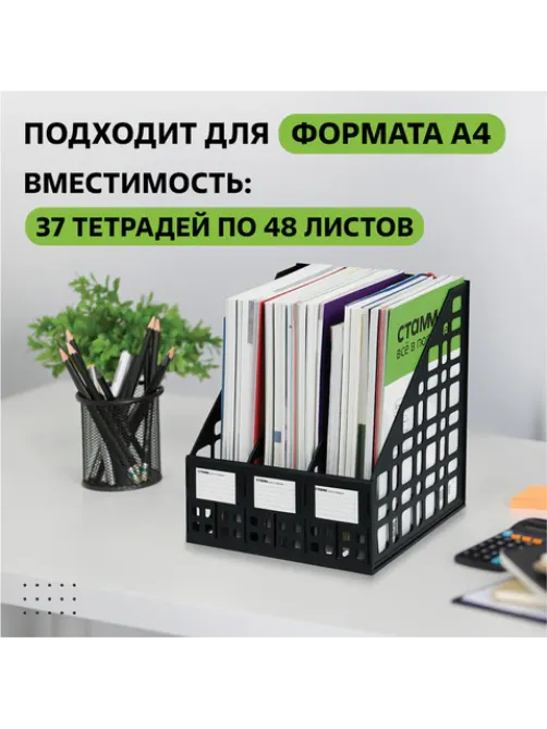 Лоток вертикальный для бумаг (250х245х295 мм), 3 отделения, сетчатый, сборный, черный, ЛТВ-63720