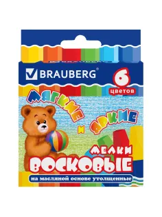 Восковые мелки утолщенные BRAUBERG, НАБОР 6 цветов, на масляной основе, яркие цвета, 222969