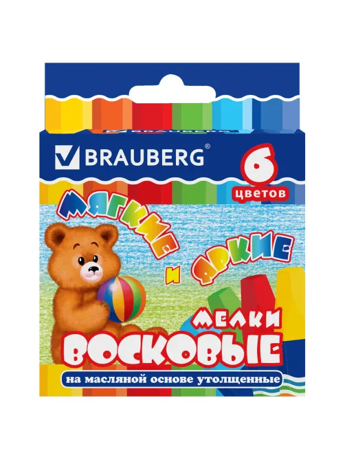 Восковые мелки утолщенные BRAUBERG, НАБОР 6 цветов, на масляной основе, яркие цвета, 222969