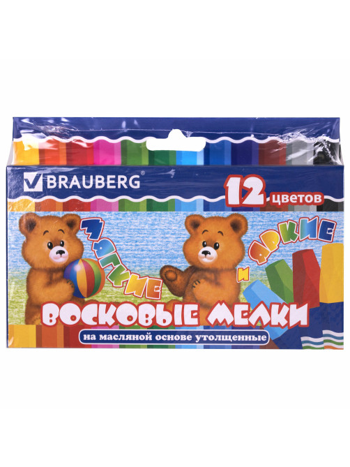 Восковые мелки утолщенные BRAUBERG, НАБОР 12 цветов, на масляной основе, яркие цвета, 222970