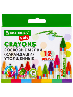 Восковые мелки трехгранные утолщенные BRAUBERG KIDS, НАБОР 12 цветов, 271695