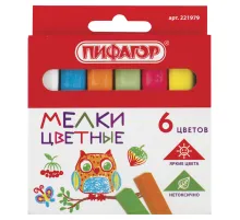 Мел цветной квадратный 6 штук, ПИФАГОР, картонная упаковка, европодвес, 221979