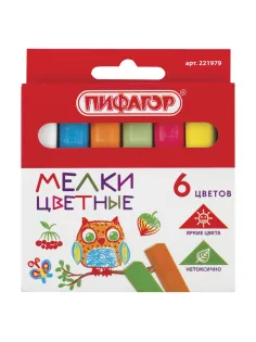 Мел цветной квадратный 6 штук, ПИФАГОР, картонная упаковка, европодвес, 221979