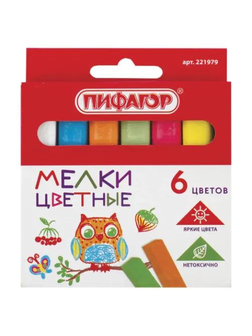 Мел цветной квадратный 6 штук, ПИФАГОР, картонная упаковка, европодвес, 221979