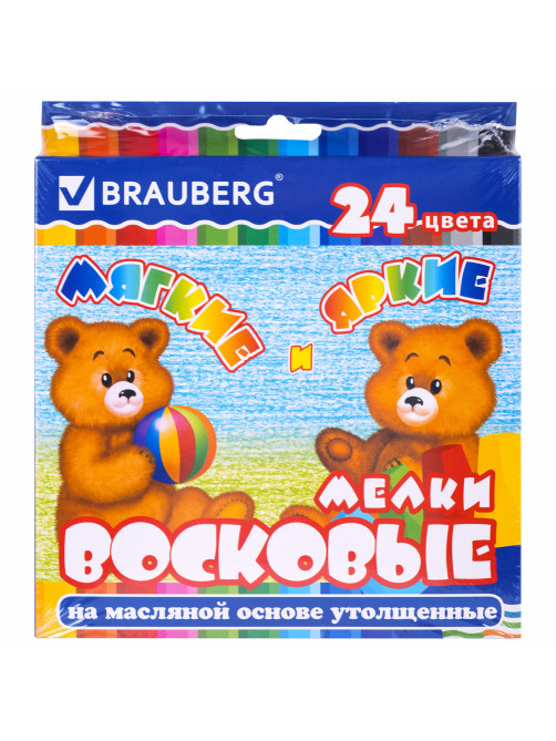 Восковые мелки утолщенные BRAUBERG, НАБОР 24 цвета, на масляной основе, яркие цвета, 222972