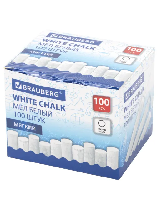 Мел белый круглый мягкий, 100 штук, BRAUBERG, картонная упаковка, 272768