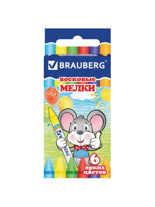 Восковые мелки BRAUBERG, НАБОР 6 цветов, 222961