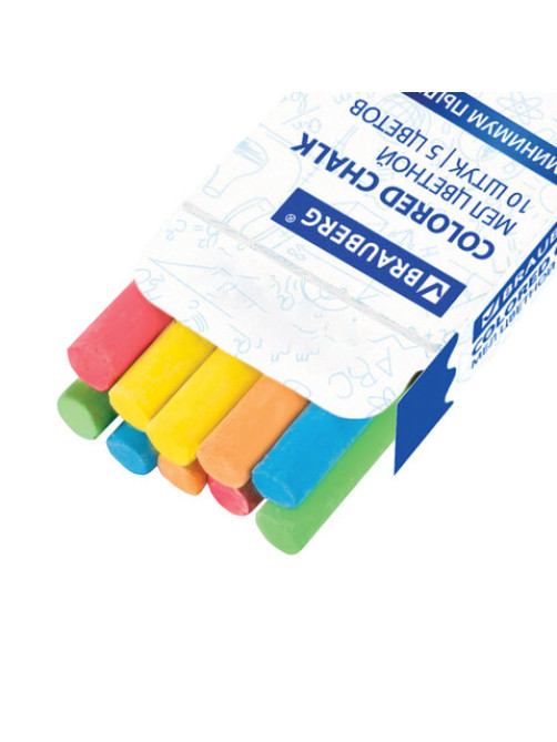 Мел цветной круглый 10 штук, 5 цветов, BRAUBERG АНТИПЫЛЬ, картонная упаковка, европодвес, 223552