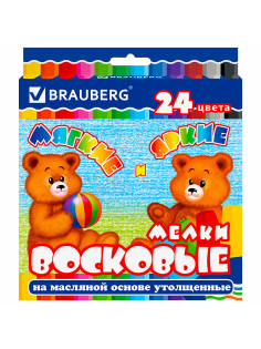 Восковые мелки утолщенные BRAUBERG, НАБОР 24 цвета, на масляной основе, яркие цвета, 222972