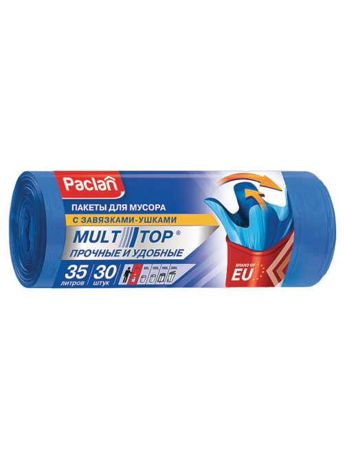 Мешки для мусора, 35 л, с ушками, синие, рулон 30 шт., ПНД, 10,5 мкм, 50х64 см, PACLAN 