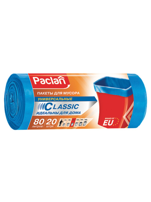Мешки для мусора 80 л, синие, в рулоне 20 шт., ПНД, 12 мкм, 70х90 см, PACLAN 