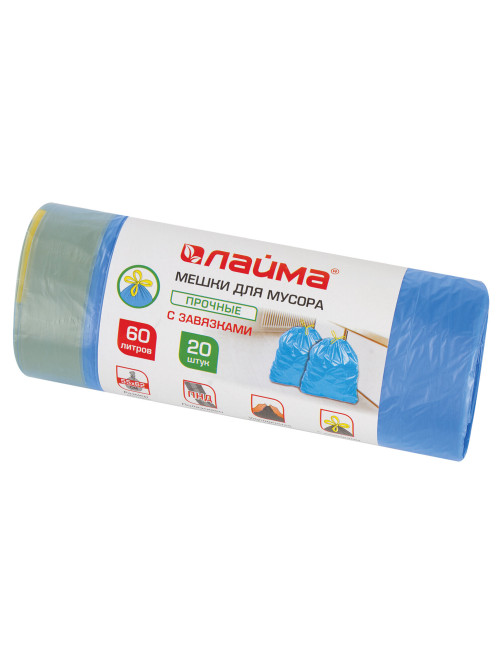 Мешки для мусора с завязками 60 л, синие, в рулоне 20 шт., прочные, ПНД 14 мкм, 55х62 см, LAIMA, 601397