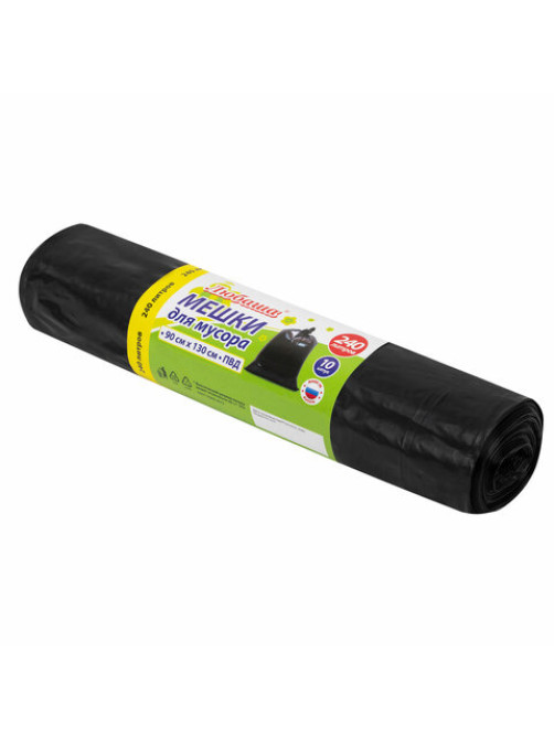 Мешки для мусора 240 л черные, в рулоне 10 шт., ПВД 30 мкм, 90x130 см, ЛЮБАША эконом, 608916