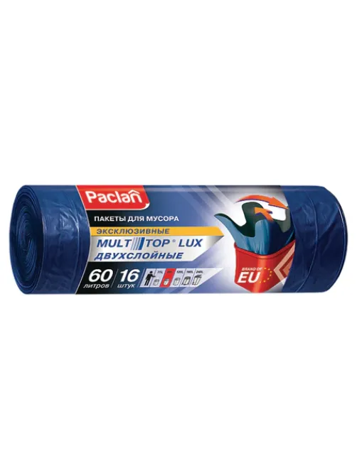 Мешки для мусора 60 л, с ушками, синие, рулон 16 шт., ПВД, 30 мкм, 60х75 см, PACLAN 