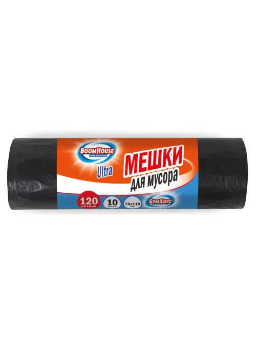 Мешки для мусора 120 л, черные, в рулоне 10 штук, особо прочные, ПВД 50 мкм, 70x110 см, серия ULTRA, BOOMHOUSE (БУМХАУС), 702666