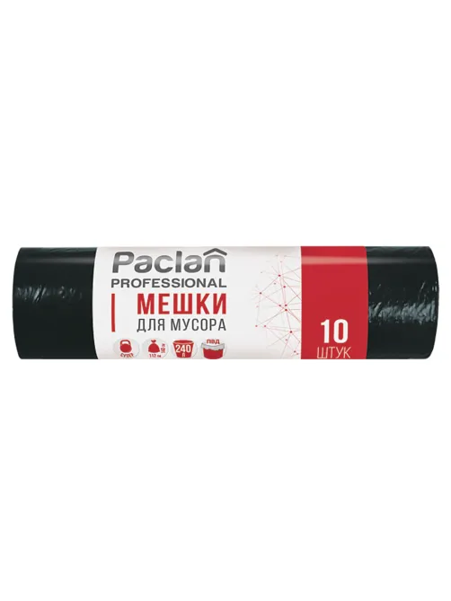Мешки для мусора 240 л, черные, в рулоне 10 шт., ПВД, 30 мкм, 112х140 см, PACLAN Professional, 1338717