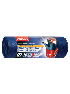 Мешки для мусора 60 л, с ушками, синие, рулон 16 шт., ПВД, 30 мкм, 60х75 см, PACLAN 