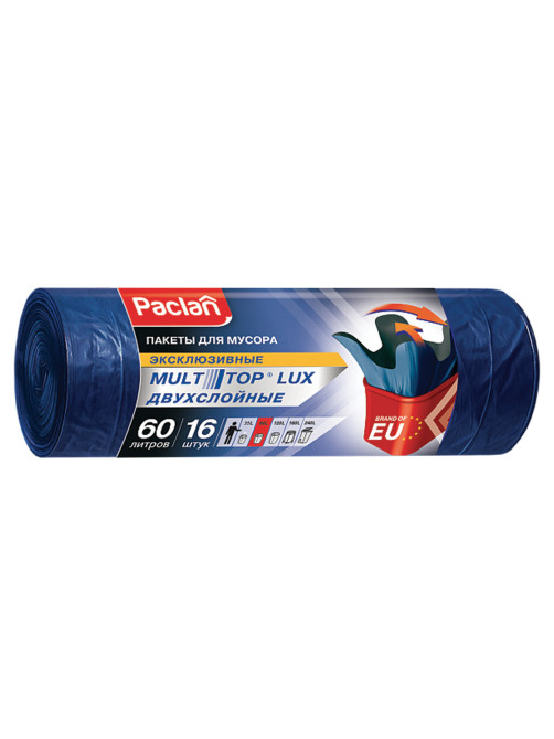 Мешки для мусора 60 л, с ушками, синие, рулон 16 шт., ПВД, 30 мкм, 60х75 см, PACLAN 