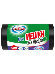 Мешки для мусора 120 л, черные в рулоне 20 штук прочные, ПВД 35 мкм, 70x110 см, серия Extra, BOOMHOUSE (БУМХАУС), 702662