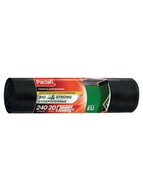 Мешки для мусора 240 л, черные, в рулоне 20 шт., ПВД, 35 мкм, 130х90 см, PACLAN 