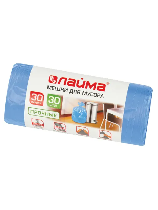 Мешки для мусора 30 л синие в рулоне 30 шт. прочные, ПНД 10 мкм, 50х60 см, LAIMA, 601378