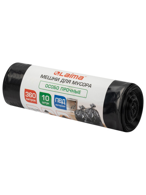 Мешки для мусора 360 л, черные в рулоне, 10 штук, особо прочные, ПВД 60 мкм, 110x140 см, LAIMA, 702687