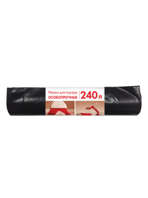 Мешки для мусора 240 л, черные, в рулоне 10 шт., ПВД, 100 мкм, 90х135 см, особо прочные, КБ, 3170