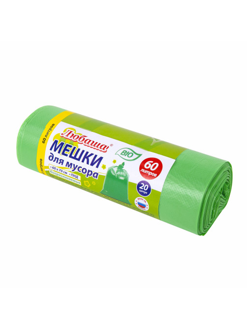 Мешки для мусора биоразлагаемые 60 л, зеленые, рулон 20 шт., ПНД 15 мкм, 60х70 см, ЛЮБАША, 608099