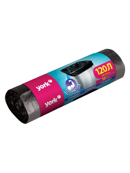 Мешки для мусора 120 л, черные, в рулоне 10 шт., ПНД, 13 мкм, YORK, 902150