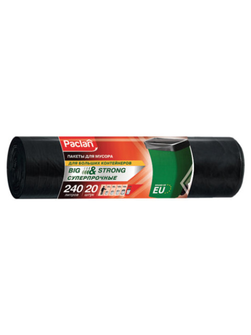 Мешки для мусора 240 л, черные, в рулоне 20 шт., ПВД, 35 мкм, 130х90 см, PACLAN 