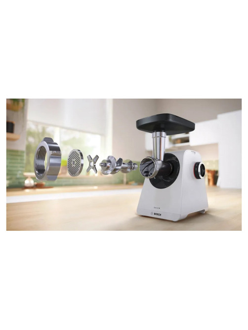 Мясорубка BOSCH MFWS420W, мощность 1900 Вт, производительность 2,5 кг/мин, металлический шнек, реверс