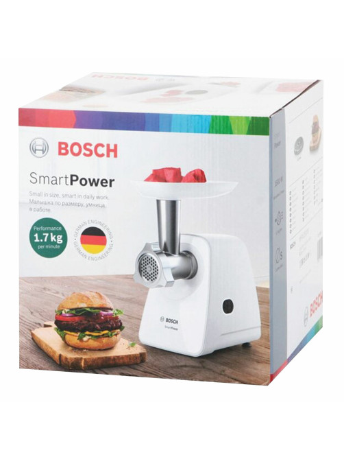 Мясорубка BOSCH MFW2500W, 1500 Вт, производительность 1,7 кг/мин, металлический шнек, пластик, белая