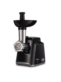 Мясорубка MOULINEX ME105830, 1400 Вт, производительность 1,7 кг/мин, 2 насадки, реверс, пластик, черная, 1510001079