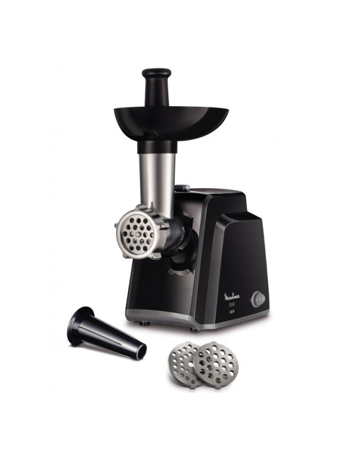 Мясорубка MOULINEX ME105830, 1400 Вт, производительность 1,7 кг/мин, 2 насадки, реверс, пластик, черная, 1510001079