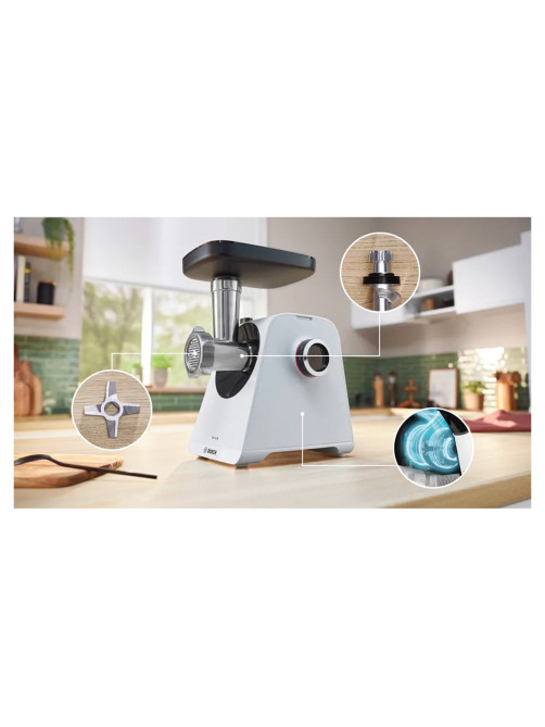 Мясорубка BOSCH MFWS420W, мощность 1900 Вт, производительность 2,5 кг/мин, металлический шнек, реверс