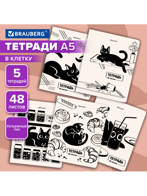 Тетради ДЭК А5 48 л. КОМПЛЕКТ 5 шт. BRAUBERG, скоба, клетка, TWIN-лак, 