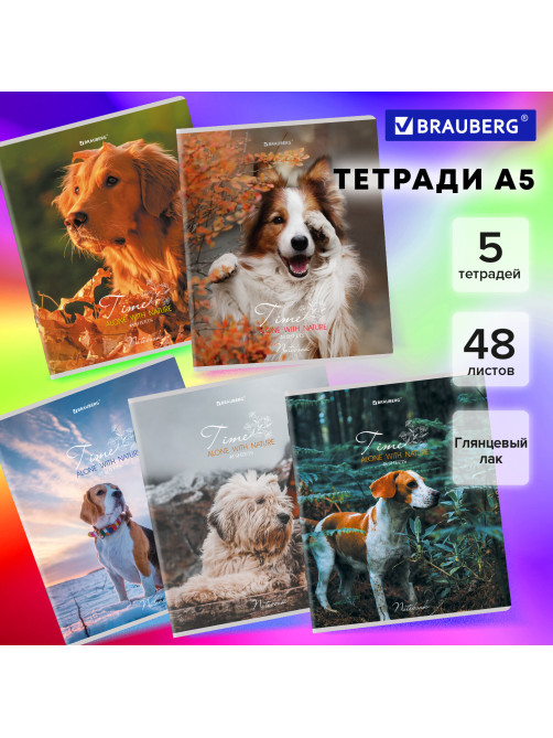 Тетради ДЭК А5 48 л. КОМПЛЕКТ 5 шт., BRAUBERG скоба, клетка, глянцевый лак, 
