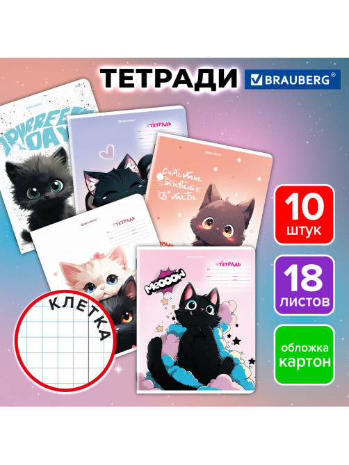 Тетради ДЭК 18 л. КОМПЛЕКТ 10 шт. BRAUBERG, клетка, обложка картон, 