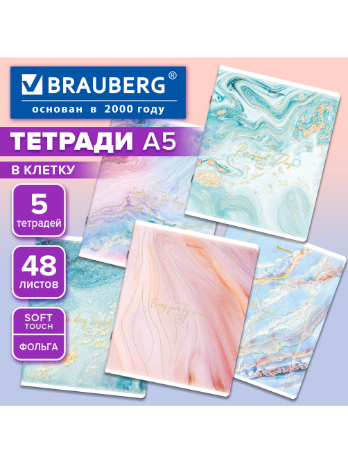 Тетради КОМПЛЕКТ 5 шт. А5, 48 л. BRAUBERG, скоба, клетка, SoftTouch, фольга, 