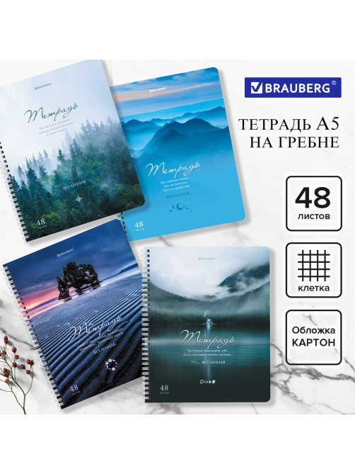 Тетрадь А5 48 л. BRAUBERG, гребень, клетка, обложка картон, 