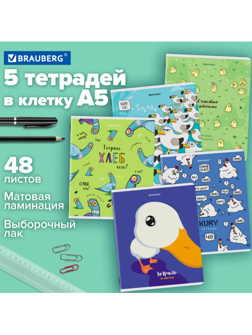 Тетради ДЭК А5 48 л. КОМПЛЕКТ 5 шт. BRAUBERG скоба, клетка, матовая ламинация, выборочный лак, КУРЛЫК И ВСЕ ВСЕ ВСЕ, 404959