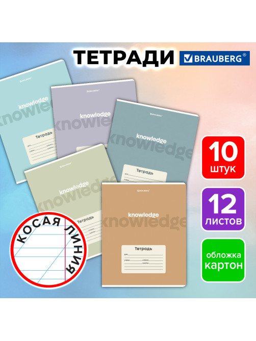 Тетради ДЭК 12 л., КОМПЛЕКТ 10 шт., BRAUBERG, косая линия, обложка картон, 