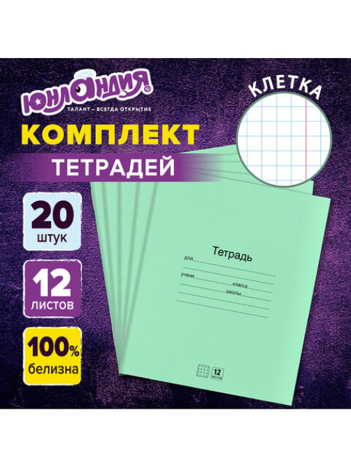 Тетради ДЭК 12 л. КОМПЛЕКТ 20 шт. с ЗЕЛЁНОЙ обложкой, ЮНЛАНДИЯ, клетка, 106741